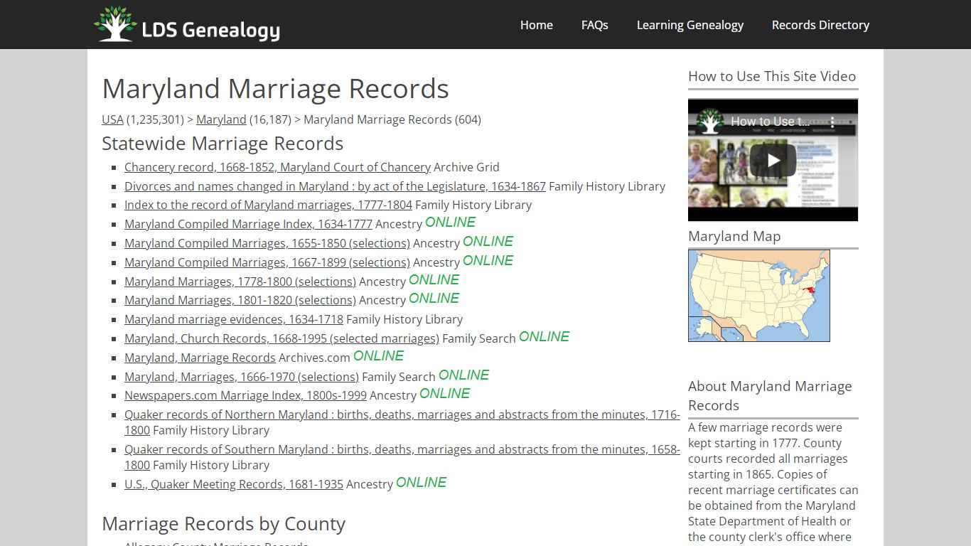 Maryland Marriage Records - LDS Genealogy